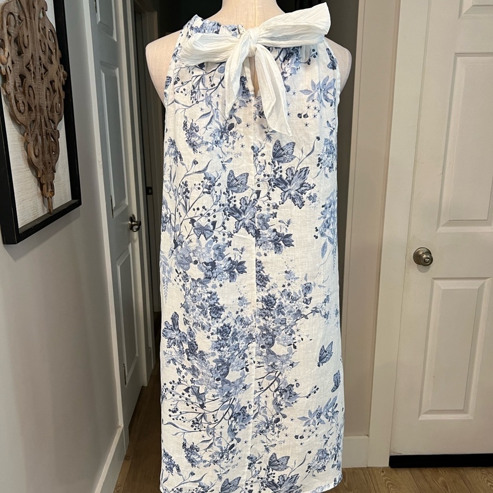 BELLAMBRA NWOT white linen halter mini dress with soft blue botanical print - Picture 9 of 15